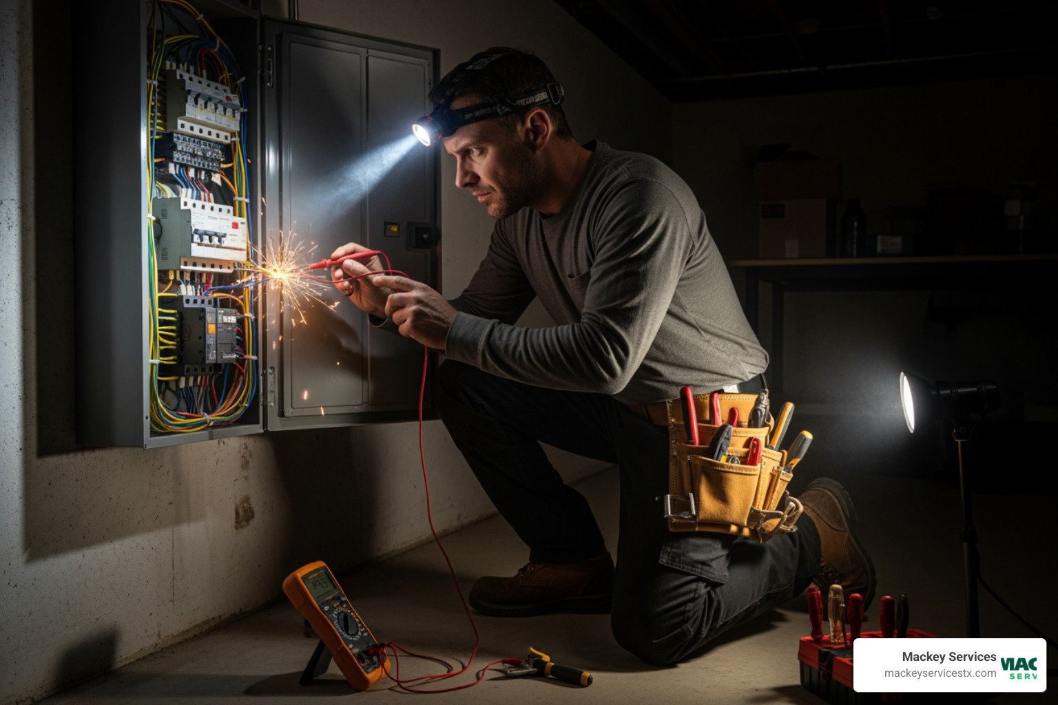 electrician working on breaker panel at night - 24/7 electrical repair league city