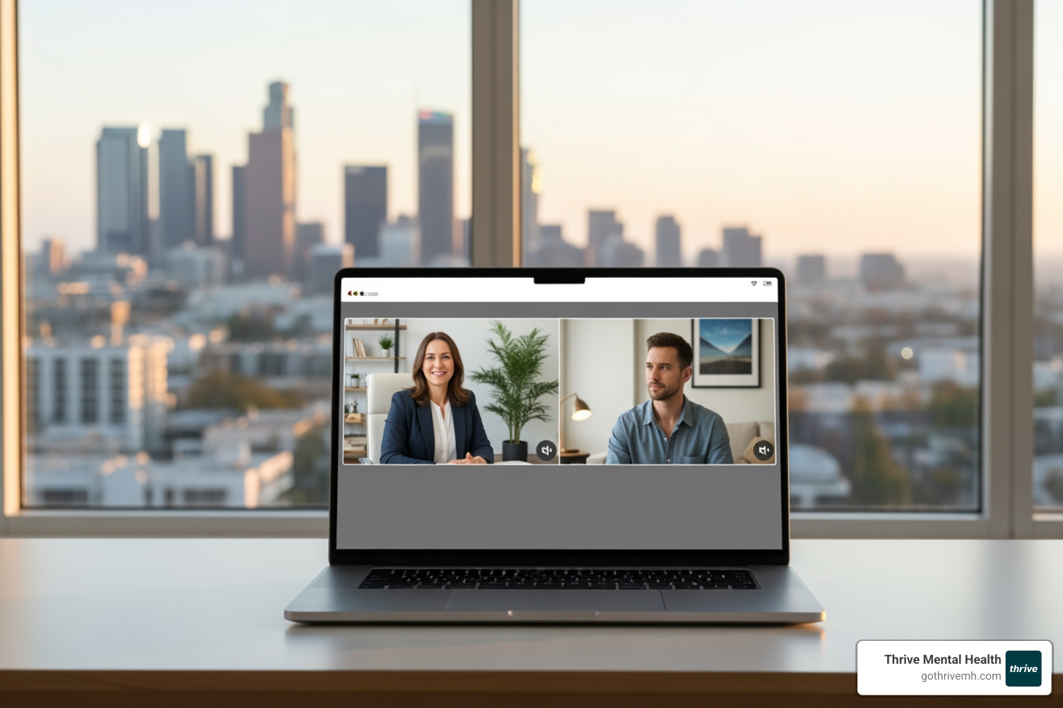 virtual therapy session on a laptop, with a blurred Florida city view in the background - iop in florida designed for young professionals