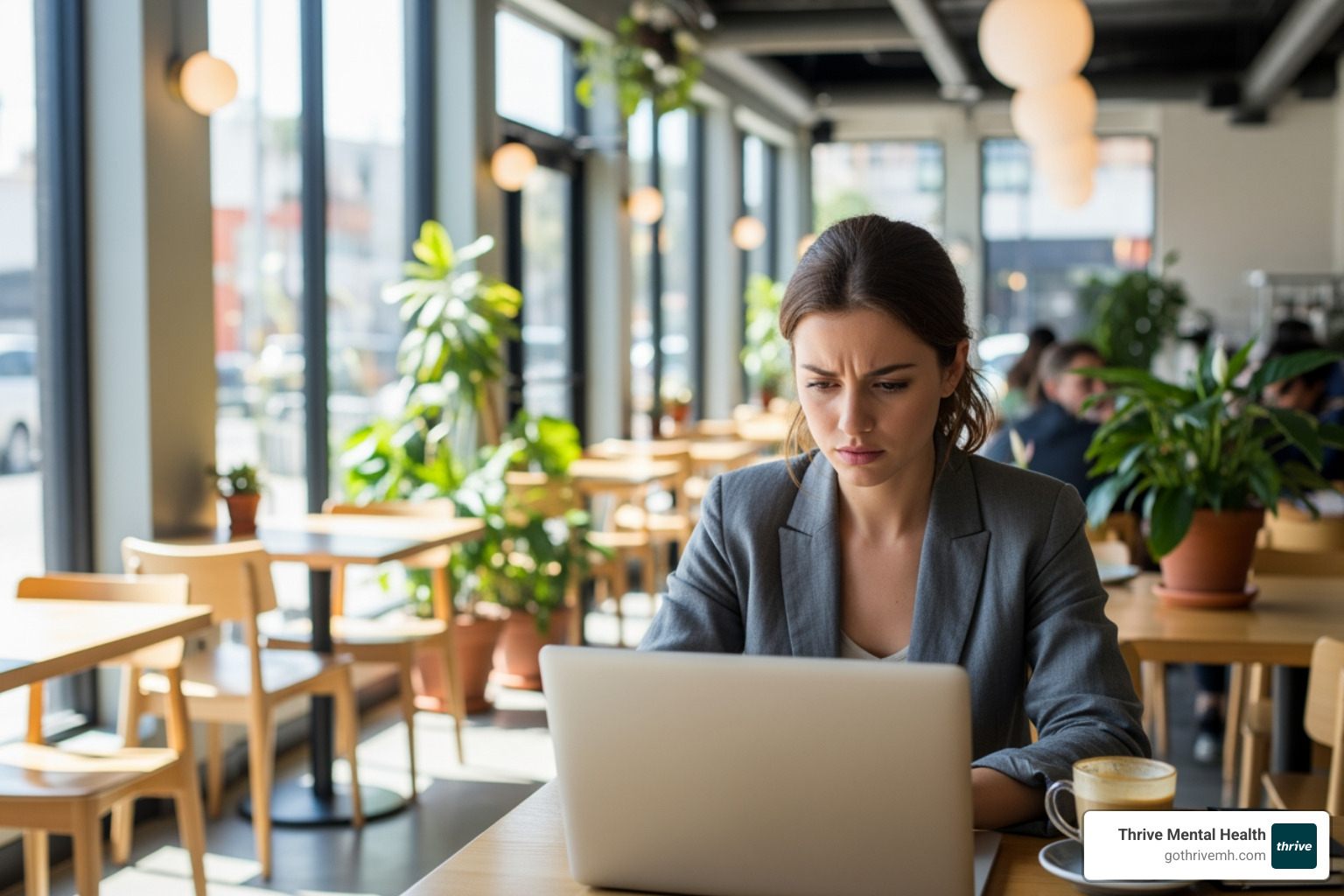 stressed young professional in a stylish Florida office or coffee shop - iop in florida designed for young professionals