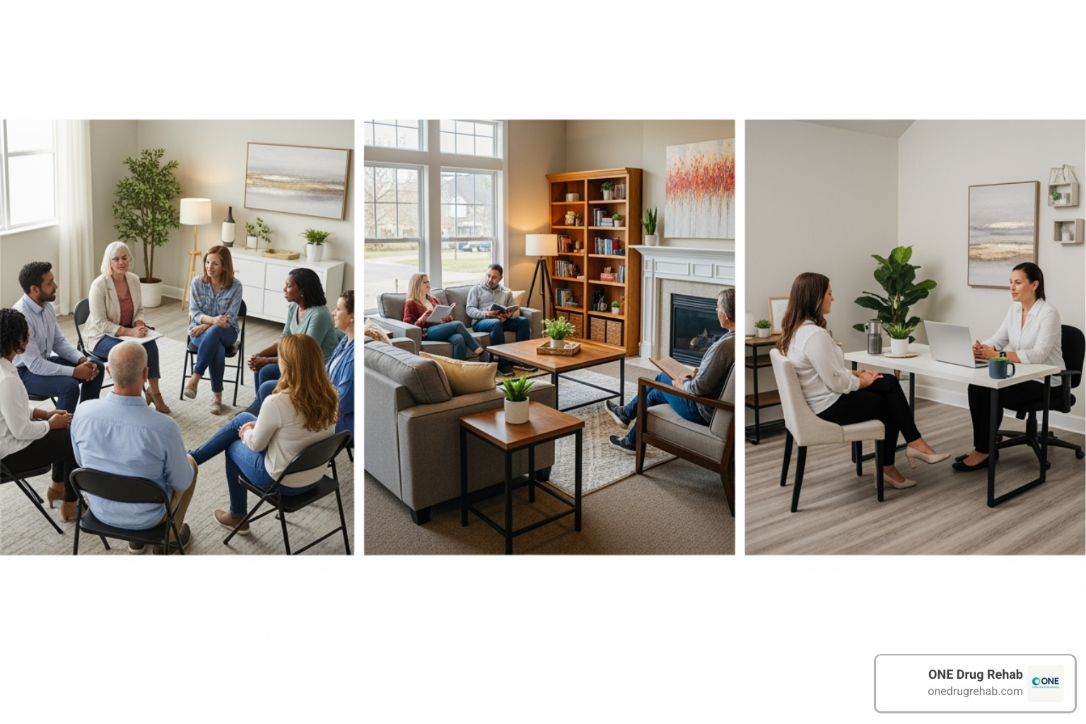 A collage of different treatment settings including a group therapy session, a comfortable residential home, and a counseling office - finding the right rehab