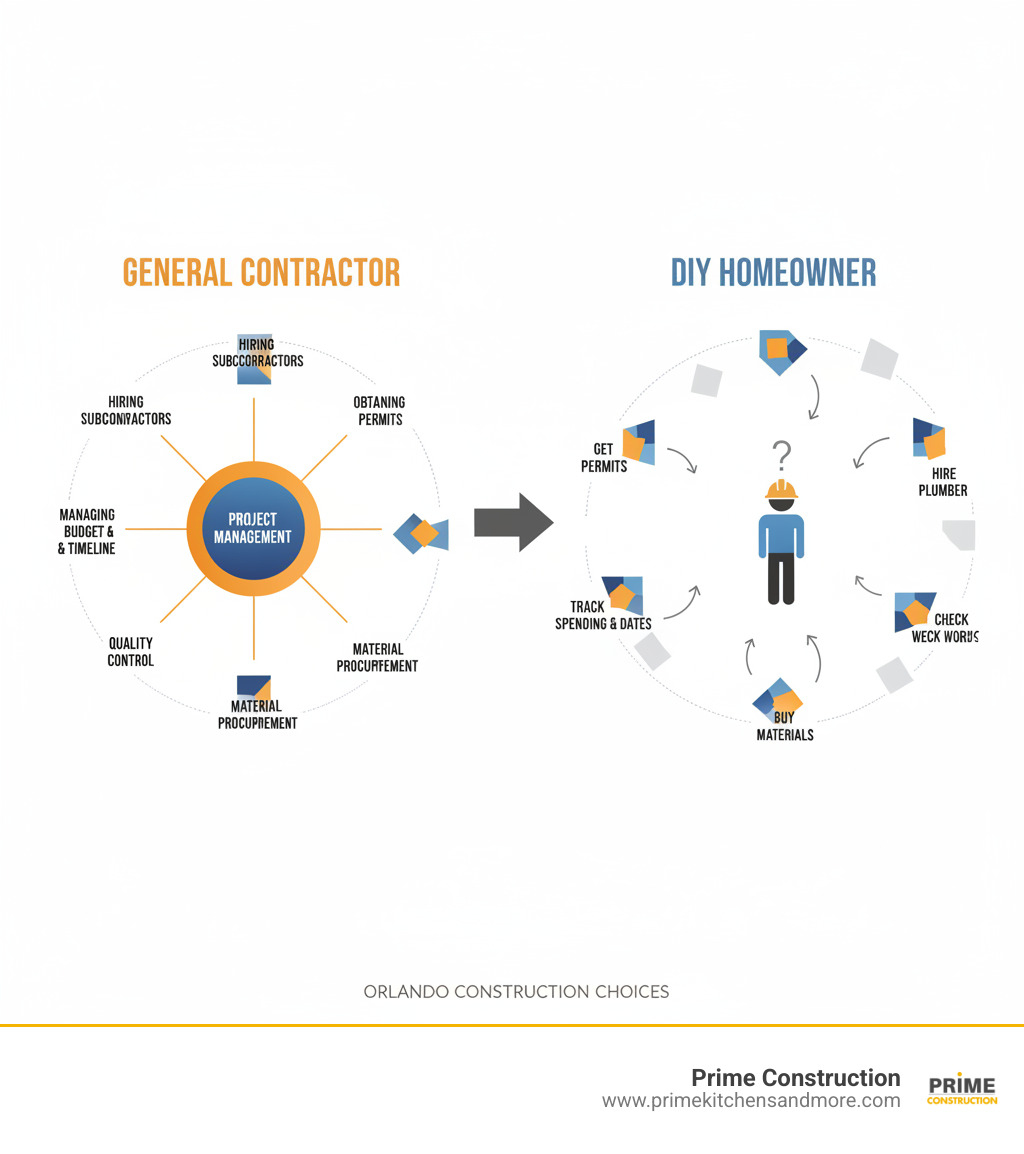 Infographic showing the role of a general contractor including project management at the center, with connected elements for hiring subcontractors, obtaining permits, managing budget and timeline, quality control, and material procurement, compared to DIY approach showing homeowner managing all these tasks separately - general contractor orlando infographic 