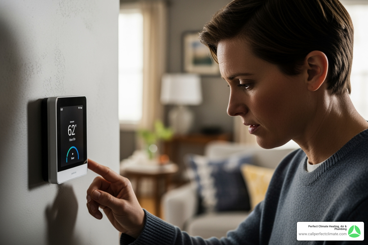 a homeowner looking concerned at their thermostat - heating maintenance in mount carmel il