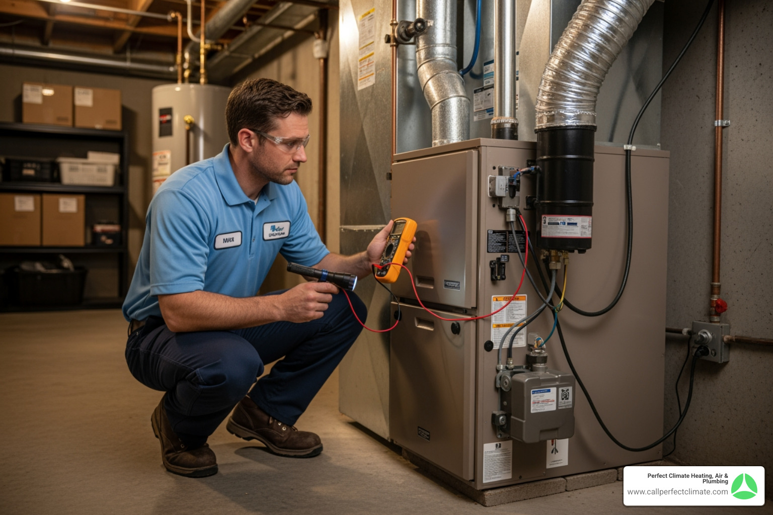 a technician inspecting a furnace - heating maintenance in mount carmel il