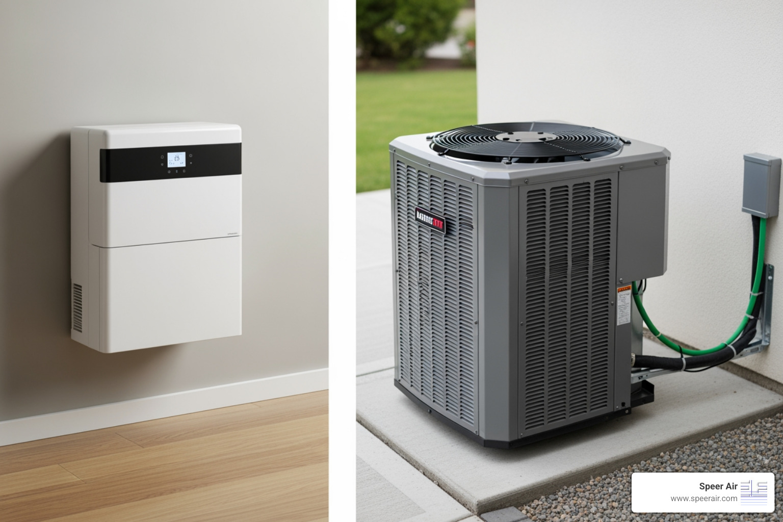 different HVAC types like a ductless mini-split on a wall and a central air unit outside - hvac system upgrade denville nj different HVAC types like a ductless mini-split on a wall and a central air unit outside - hvac system upgrade denville nj