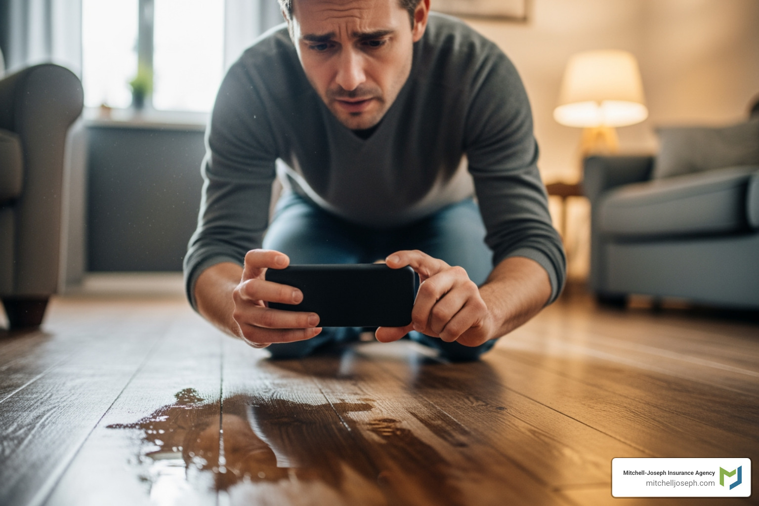 homeowner on the phone, taking pictures of water damage with a smartphone - pipe damage insurance