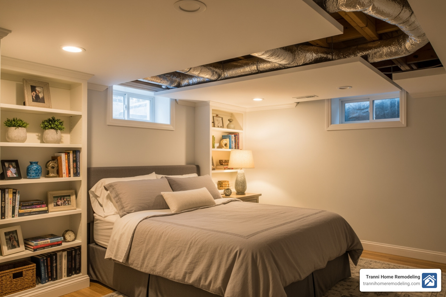 basement bedroom with cleverly disguised ductwork and built-in shelving - Basement bedroom ideas
