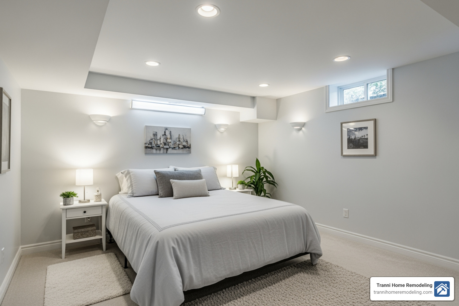 basement bedroom with light-colored walls and clever lighting - Basement bedroom ideas