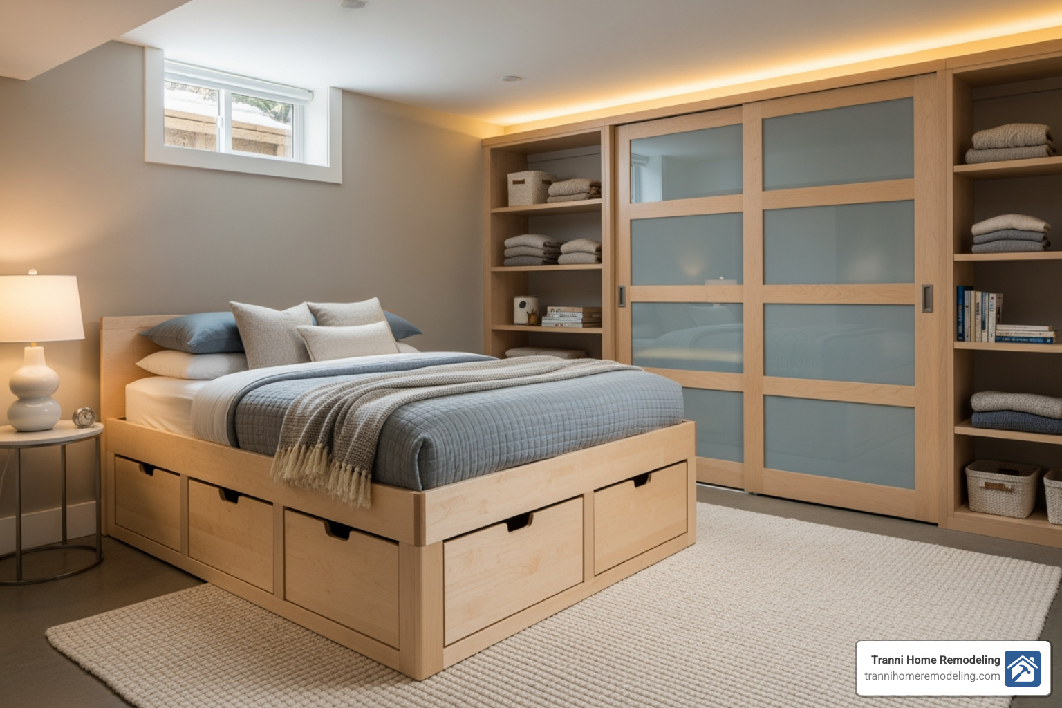basement bedroom with a custom built-in closet and under-bed drawers - Basement bedroom ideas
