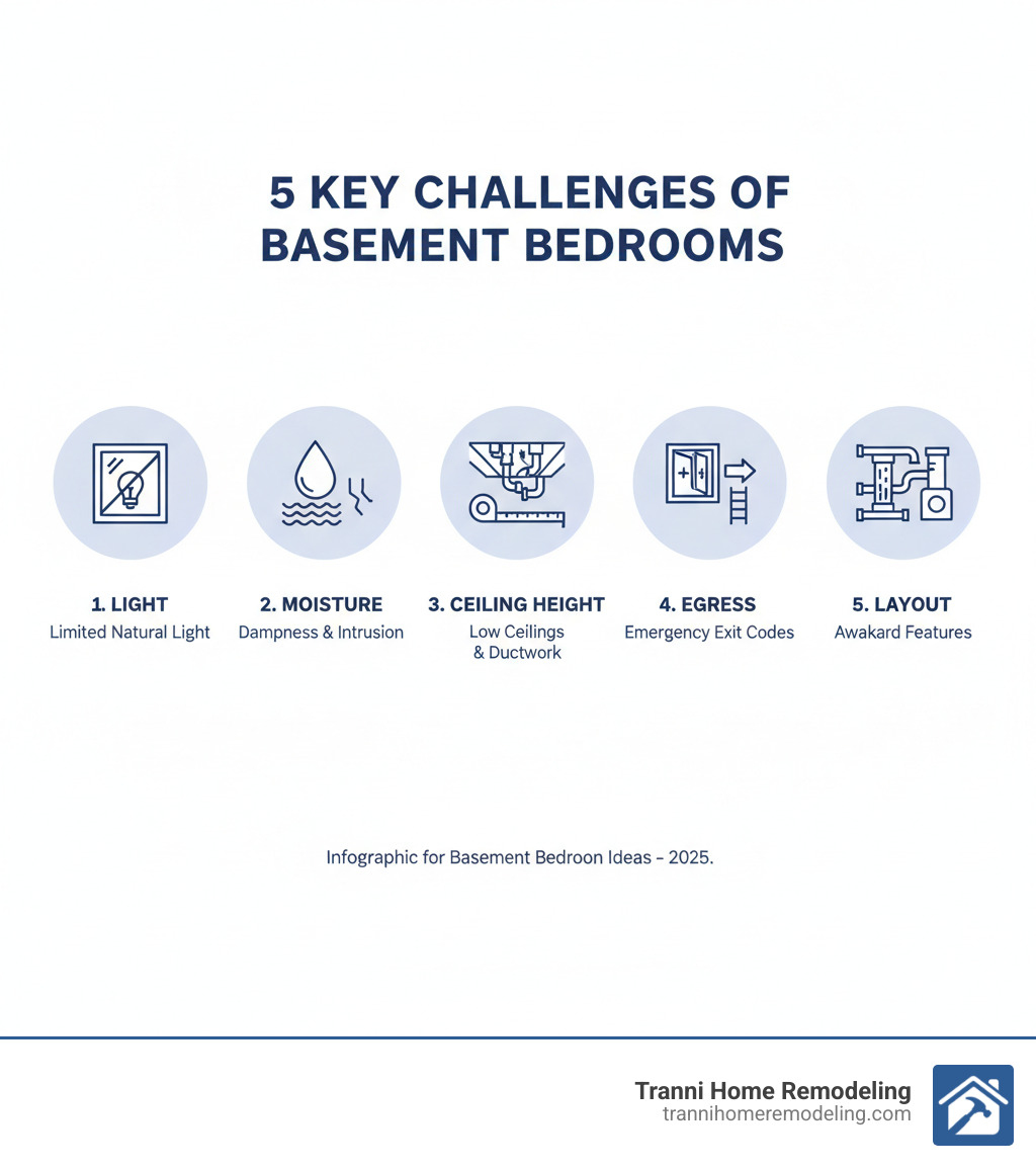 Infographic showing the 5 key challenges of basement bedrooms: 1. Light - Limited natural light from small or no windows, 2. Moisture - Dampness and potential water intrusion from ground contact, 3. Ceiling Height - Lower ceilings (often 7-8 feet) and exposed ductwork, 4. Egress - Building code requirements for emergency exit windows or doors, 5. Layout - Awkward features like support columns, pipes, and mechanical systems - Basement bedroom ideas infographic 