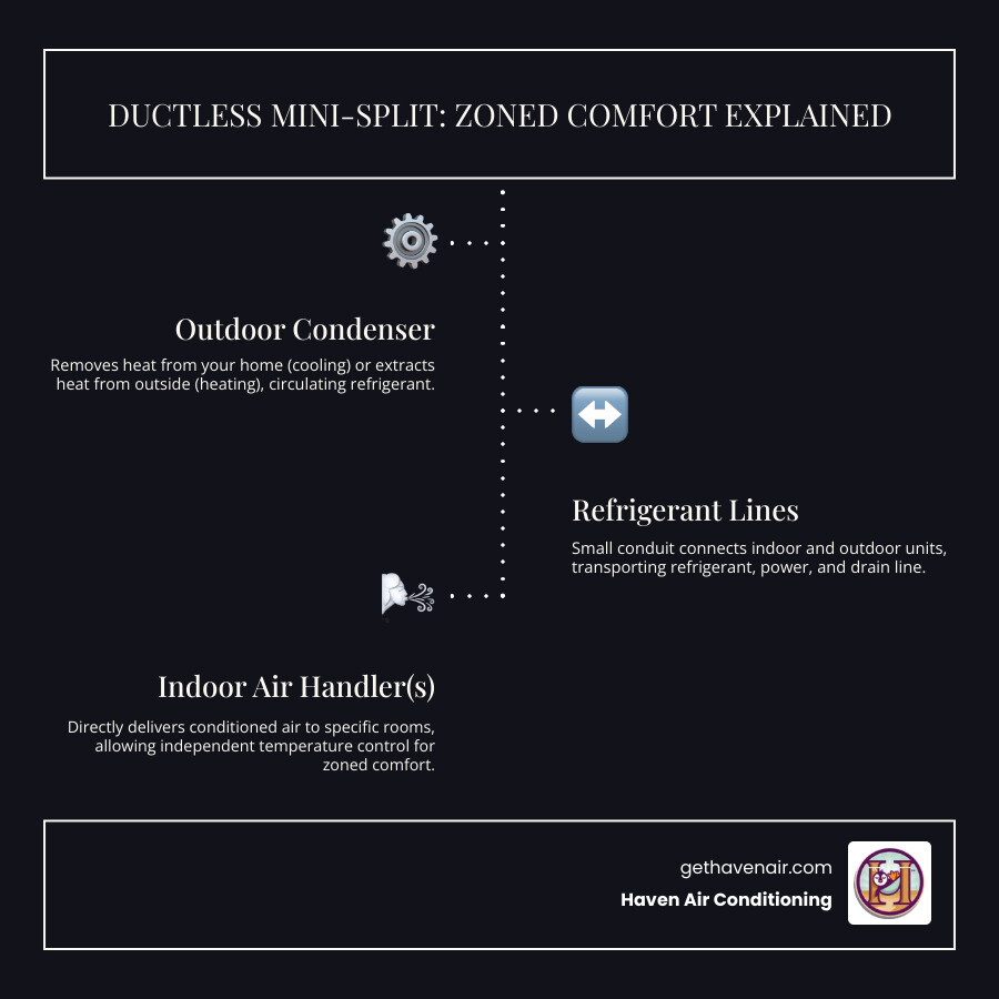 Infographic showing a ductless mini-split system with labeled components: outdoor condenser unit, indoor wall-mounted air handler, refrigerant lines running through a small wall opening, and arrows indicating zoned cooling and heating in different rooms. Benefits listed include 30-40% energy savings, quiet operation, no ductwork needed, and flexible placement for additions or older homes. - ductless ac installation infographic infographic-line-3-steps-dark Infographic showing a ductless mini-split system with labeled components: outdoor condenser unit, indoor wall-mounted air handler, refrigerant lines running through a small wall opening, and arrows indicating zoned cooling and heating in different rooms. Benefits listed include 30-40% energy savings, quiet operation, no ductwork needed, and flexible placement for additions or older homes. - ductless ac installation infographic infographic-line-3-steps-dark