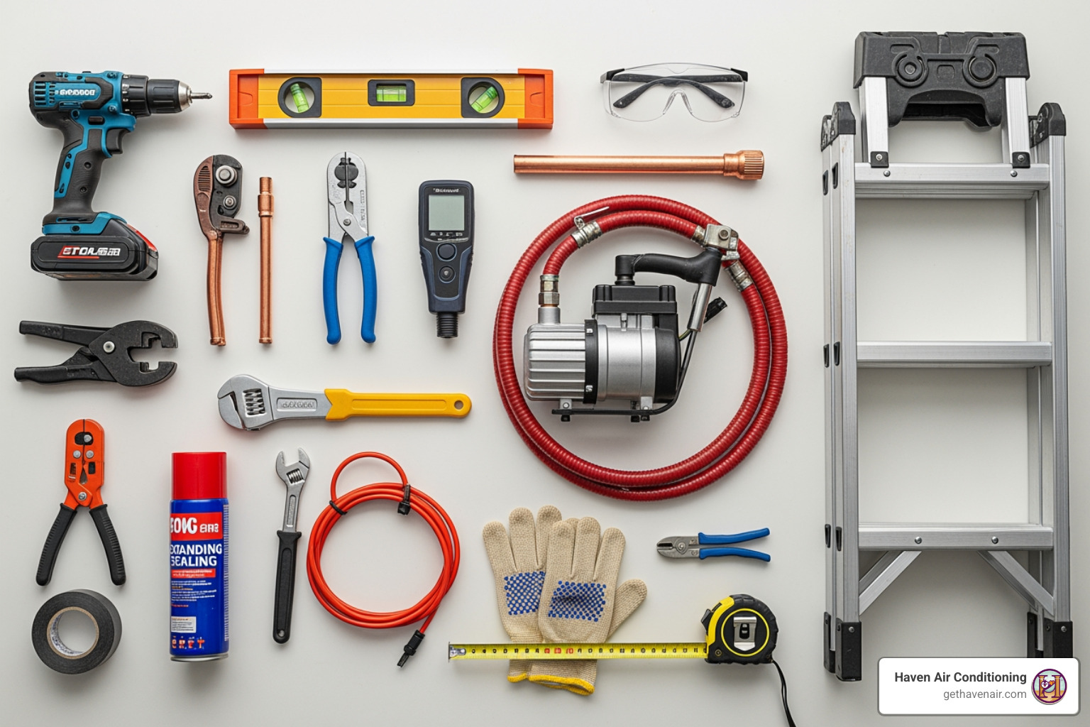 Tools required for a ductless AC installation, including a drill, level, stud finder, pipe cutter, vacuum pump, torque wrench, electrical tape, wire strippers, sealing foam, measuring tape, safety glasses, gloves, and a sturdy ladder, laid out neatly. - ductless ac installation Tools required for a ductless AC installation, including a drill, level, stud finder, pipe cutter, vacuum pump, torque wrench, electrical tape, wire strippers, sealing foam, measuring tape, safety glasses, gloves, and a sturdy ladder, laid out neatly. - ductless ac installation