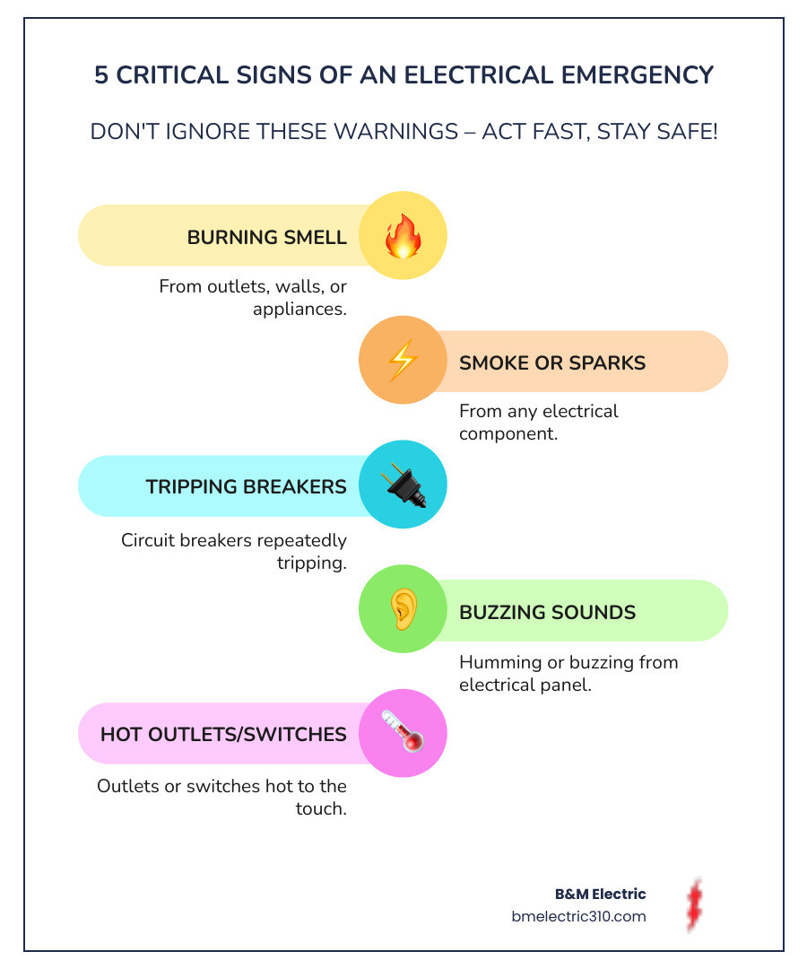 Infographic showing the 5 critical signs of an electrical emergency: burning smell from outlets or walls, smoke or sparks from electrical components, circuit breakers repeatedly tripping, buzzing or humming sounds from electrical panel, and outlets or switches hot to the touch - local emergency electrician near me infographic infographic-line-5-steps-colors