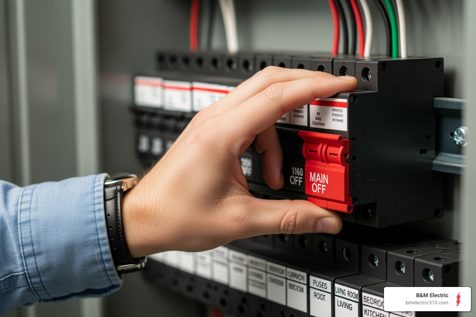 hand safely switching off a main circuit breaker - local emergency electrician near me
