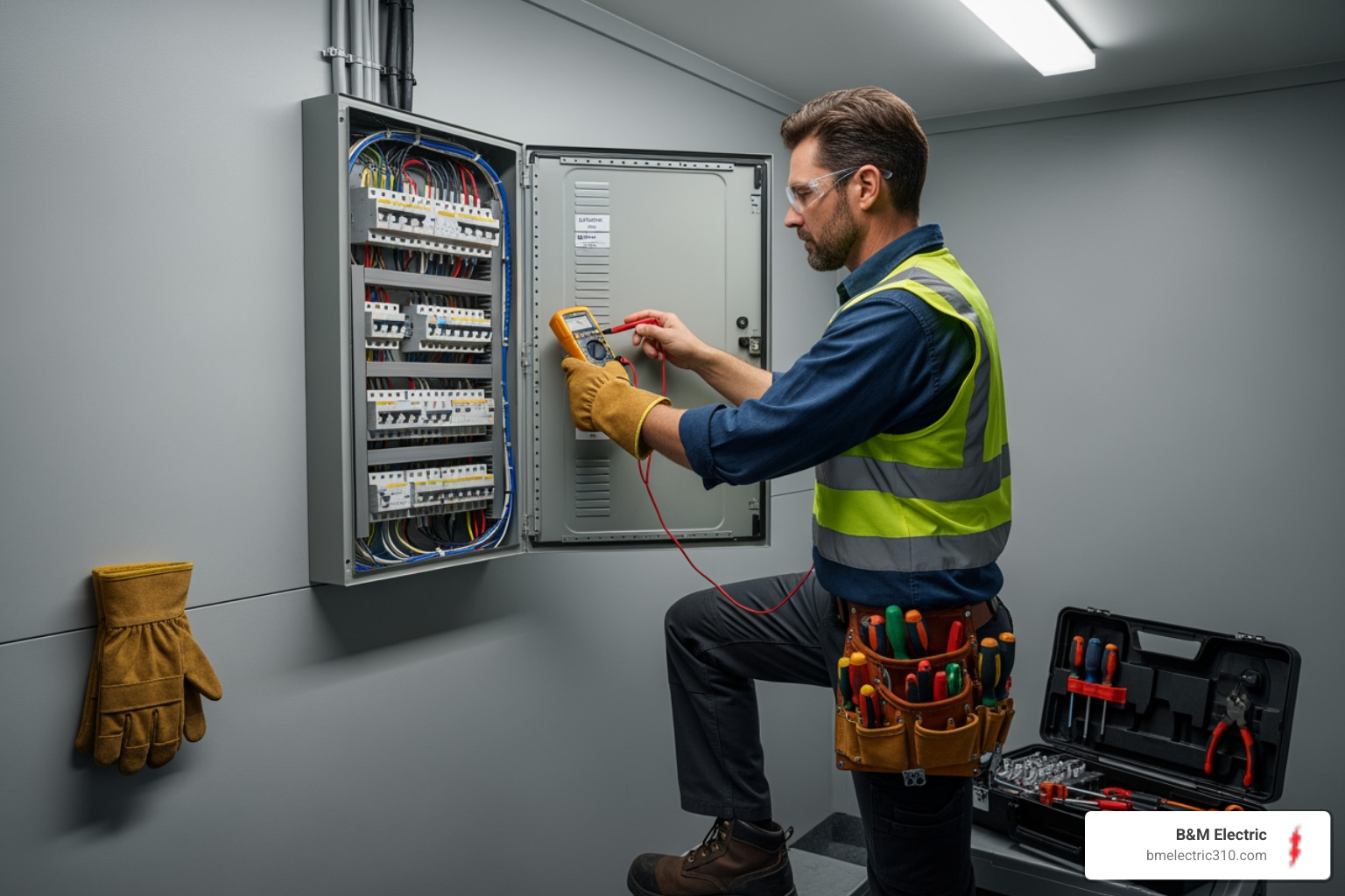 Electrician working on a circuit breaker panel - local emergency electrician near me