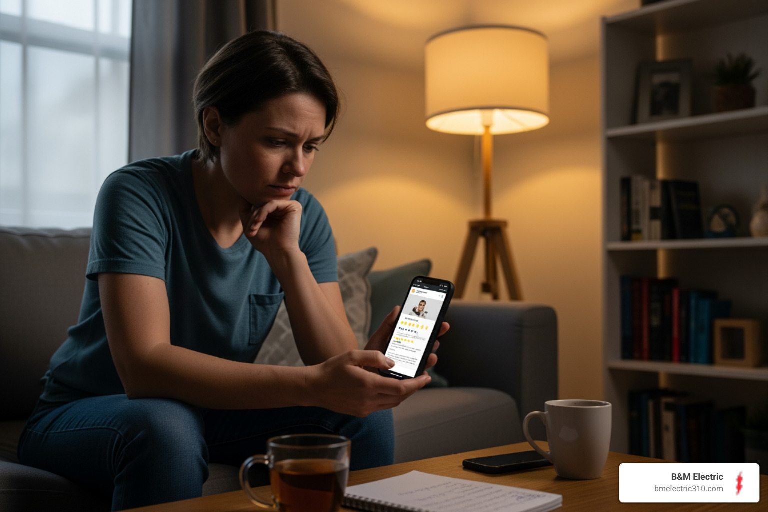 person on phone looking at online reviews for an electrician - local emergency electrician near me