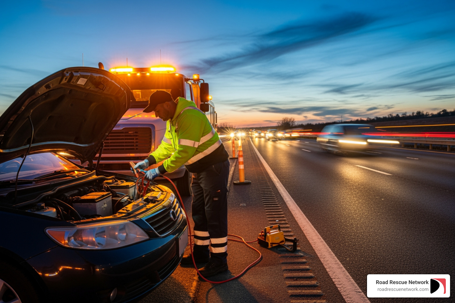 A technician performing a jump start on a car battery - roadside assistance nashville tn