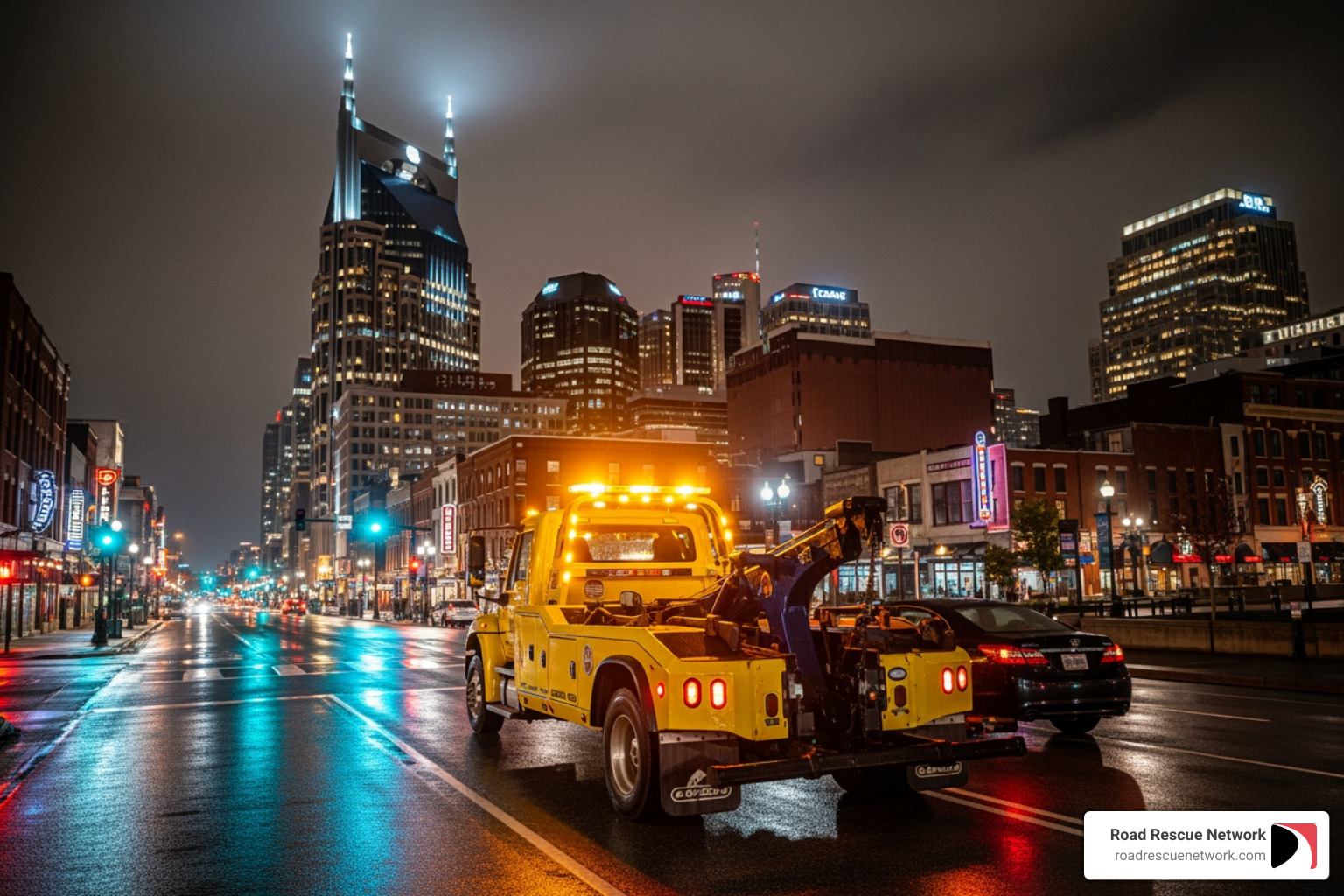 A tow truck operating at night in downtown Nashville - roadside assistance nashville tn