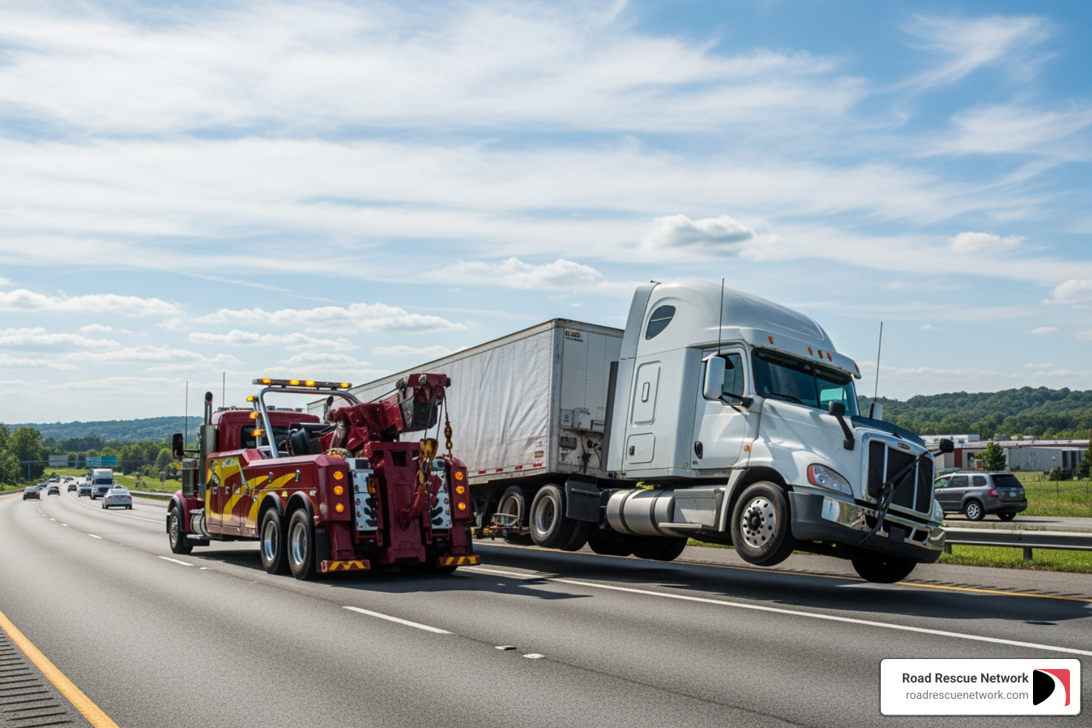A heavy-duty tow truck assisting a commercial vehicle - roadside assistance nashville tn