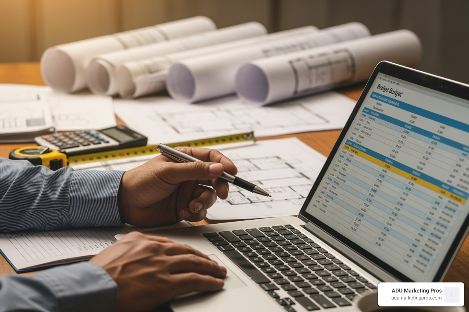 person reviewing a budget spreadsheet with construction plans in the background - garage conversion apartment person reviewing a budget spreadsheet with construction plans in the background - garage conversion apartment