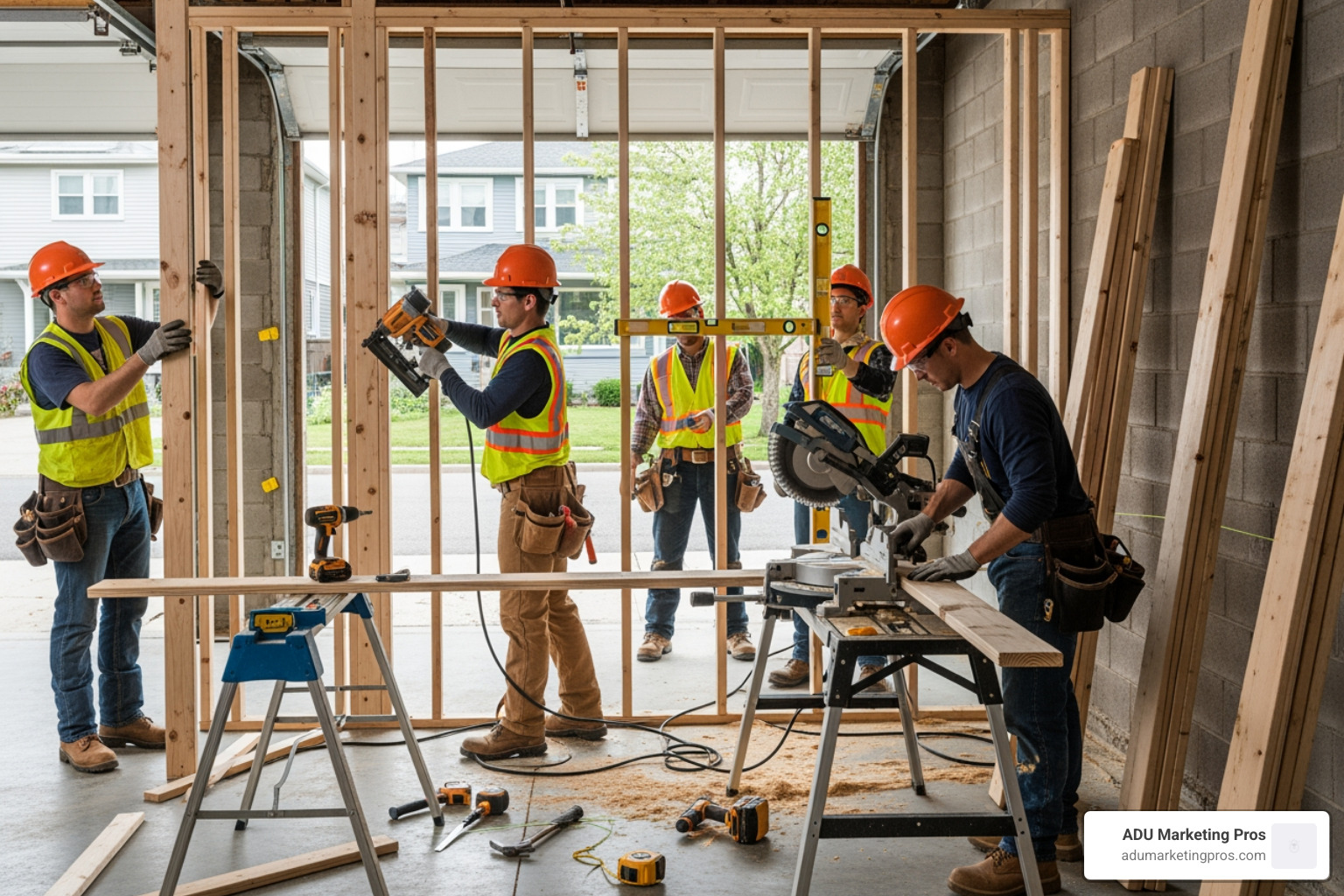 construction crew working on framing the interior of a garage conversion - garage conversion apartment construction crew working on framing the interior of a garage conversion - garage conversion apartment