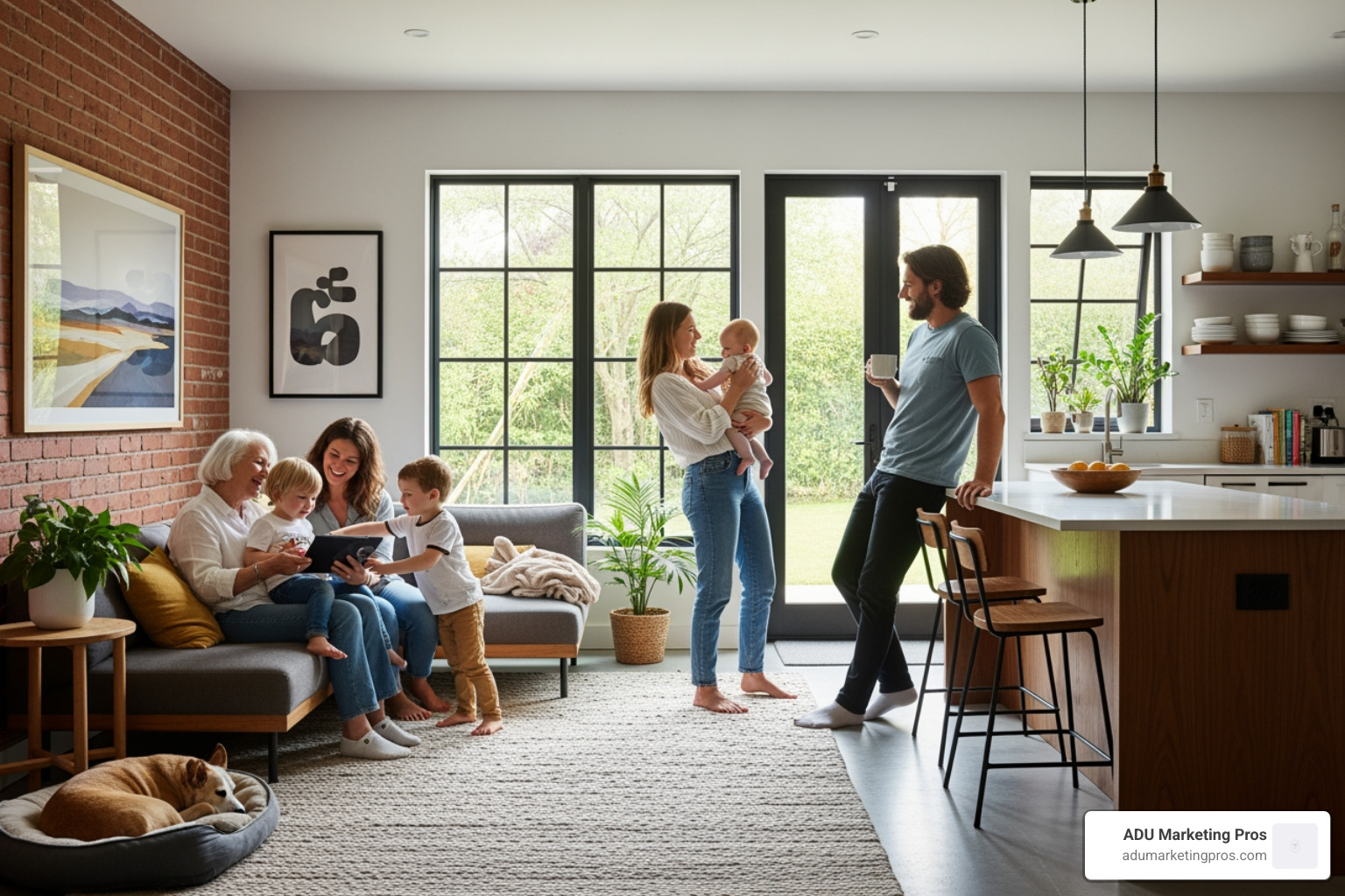 happy family with an elderly parent in a modern, comfortable garage apartment interior - garage conversion apartment happy family with an elderly parent in a modern, comfortable garage apartment interior - garage conversion apartment