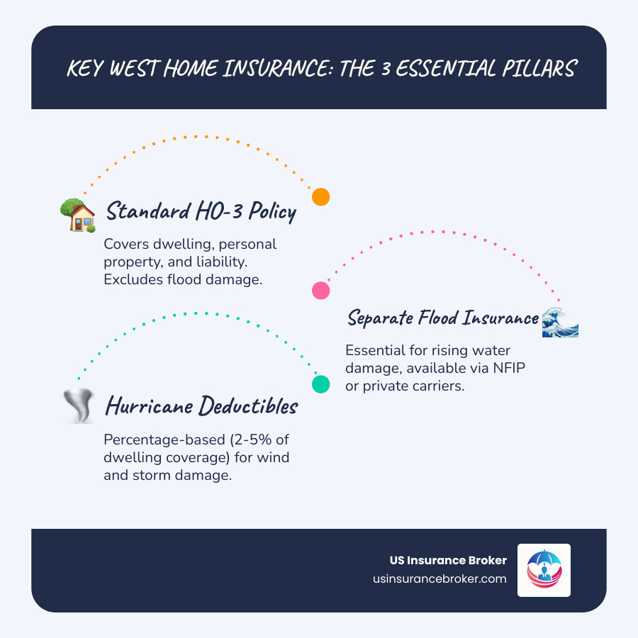 Infographic showing three pillars of Key West home insurance: 1) Standard HO-3 Policy covering dwelling, personal property, and liability; 2) Separate Flood Insurance through NFIP or private carriers covering rising water damage; 3) Hurricane Coverage with percentage-based deductibles for wind and storm damage - key west home insurance infographic infographic-line-3-steps-blues-accent_colors Infographic showing three pillars of Key West home insurance: 1) Standard HO-3 Policy covering dwelling, personal property, and liability; 2) Separate Flood Insurance through NFIP or private carriers covering rising water damage; 3) Hurricane Coverage with percentage-based deductibles for wind and storm damage - key west home insurance infographic infographic-line-3-steps-blues-accent_colors