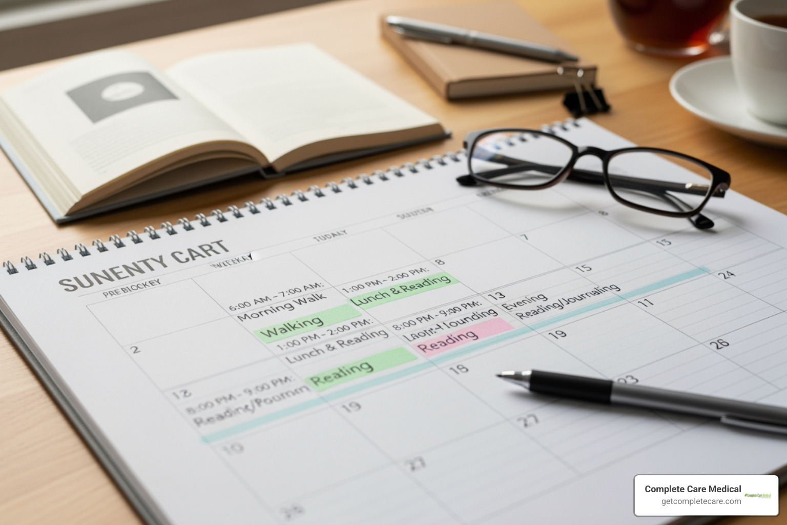 A calendar with personal time blocked out with self-care activities like "walk" or "read" - The Caregiver's Wellness Checklist: Don't Forget Yourself, Tips for those caring for a parent, partner, or child. A calendar with personal time blocked out with self-care activities like "walk" or "read" - The Caregiver's Wellness Checklist: Don't Forget Yourself, Tips for those caring for a parent, partner, or child.