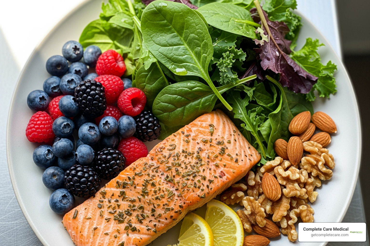 colorful plate with nutrient-dense foods like salmon, leafy greens, berries, and nuts - Your Body Is Healing — Here's How to Support It from the Inside Out, Perfect for post-surgery, new moms, or catheter users.