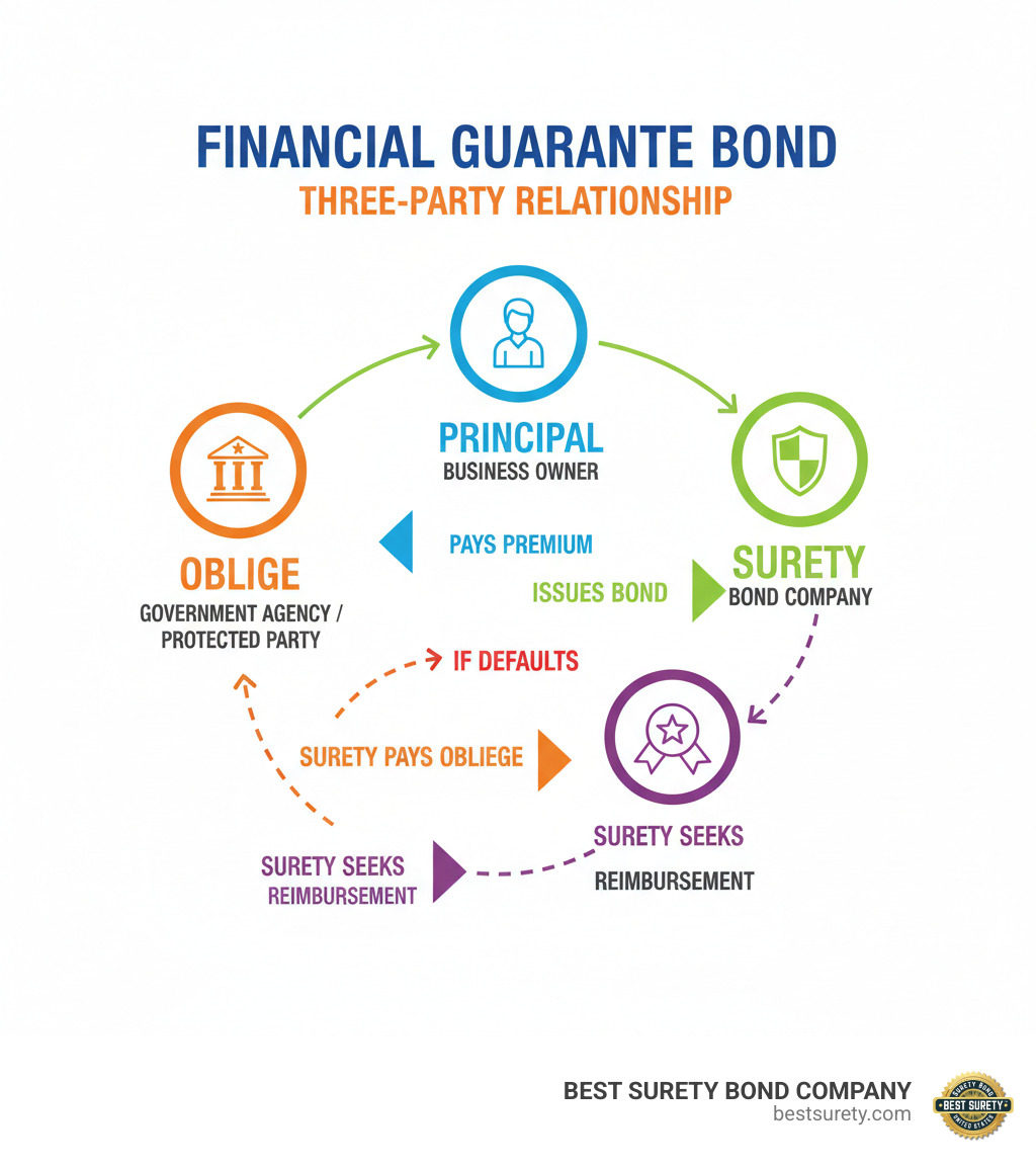 Infographic showing the three-party relationship in a financial guarantee bond: Principal (business owner) enters agreement with Surety (bond company) to guarantee payment to Obligee (government agency or protected party). Arrows show: Principal pays premium to Surety, Surety issues bond to Obligee, and if Principal defaults, Surety pays Obligee then seeks reimbursement from Principal. - financial guarantee bond infographic 