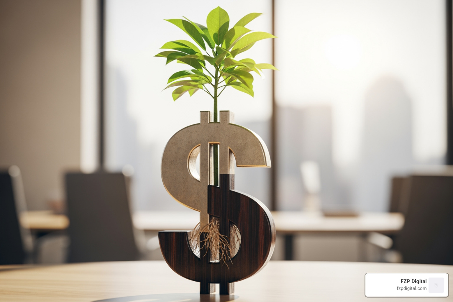 graphic of a vibrant plant growing out of a dollar sign, symbolizing return on investment and growth - affordable web design agency graphic of a vibrant plant growing out of a dollar sign, symbolizing return on investment and growth - affordable web design agency