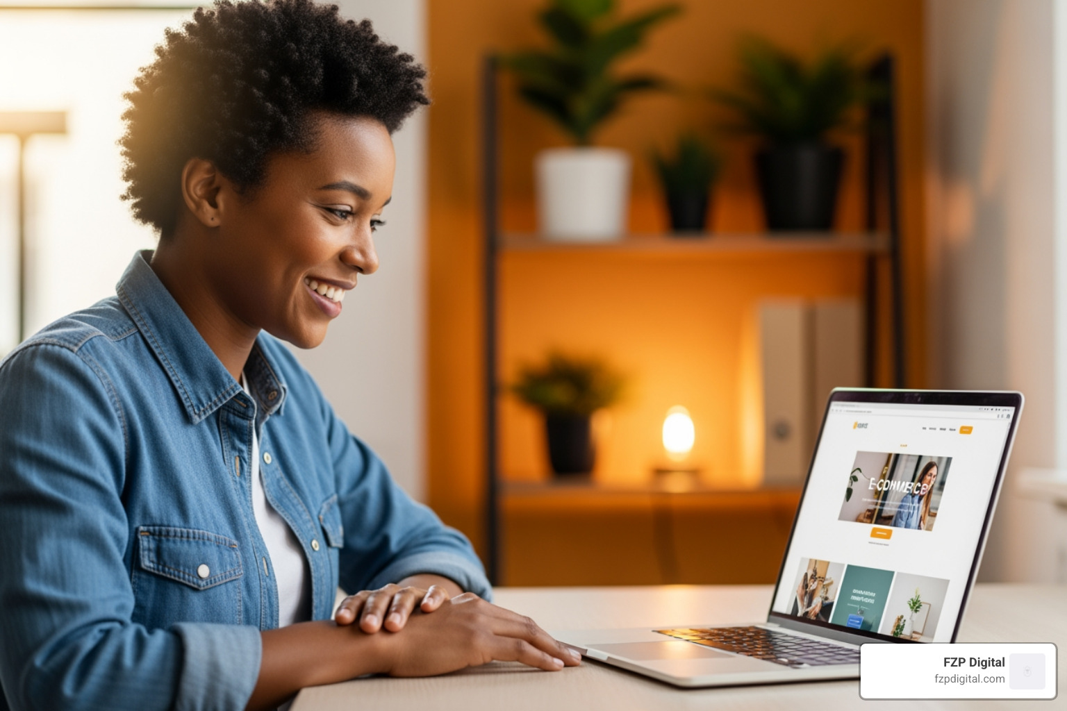 small business owner smiling at their laptop showing their new website - affordable web design agency small business owner smiling at their laptop showing their new website - affordable web design agency