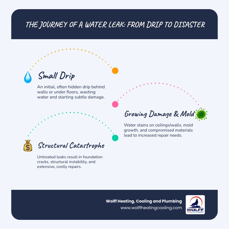 Infographic showing the progression of a pipe leak: starting with a small drip causing a water stain, progressing to wall damage and mold growth, then to foundation cracks and structural damage, with dollar signs increasing at each stage to illustrate escalating repair costs - pipe leak repair rio rancho infographic infographic-line-3-steps-blues-accent_colors Infographic showing the progression of a pipe leak: starting with a small drip causing a water stain, progressing to wall damage and mold growth, then to foundation cracks and structural damage, with dollar signs increasing at each stage to illustrate escalating repair costs - pipe leak repair rio rancho infographic infographic-line-3-steps-blues-accent_colors