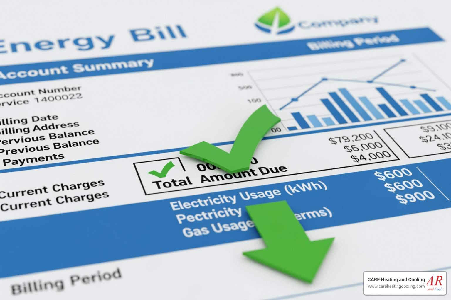 An energy bill with a green checkmark and downward arrow - hvac maintenance worthington