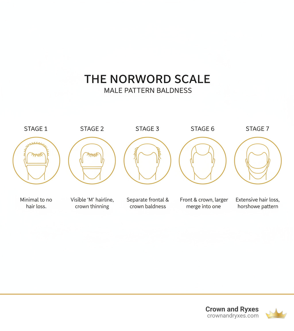 Infographic showing the Norwood Scale of male pattern baldness, illustrating stages 1 through 7 with visual diagrams of progressive hair loss patterns from minimal hairline recession to extensive baldness, with labels for each stage and brief descriptions of hair loss characteristics at each level - men's hair regrowth Clermont FL infographic Infographic showing the Norwood Scale of male pattern baldness, illustrating stages 1 through 7 with visual diagrams of progressive hair loss patterns from minimal hairline recession to extensive baldness, with labels for each stage and brief descriptions of hair loss characteristics at each level - men's hair regrowth Clermont FL infographic
