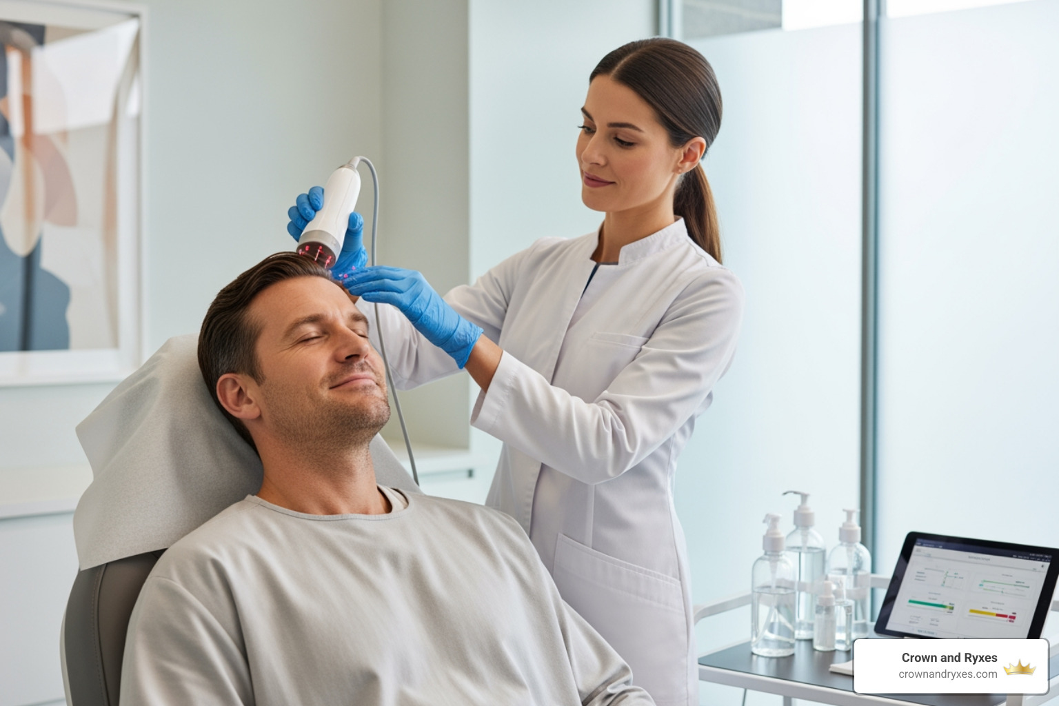 patient comfortably receiving a non-surgical scalp treatment - men's hair regrowth Clermont FL patient comfortably receiving a non-surgical scalp treatment - men's hair regrowth Clermont FL