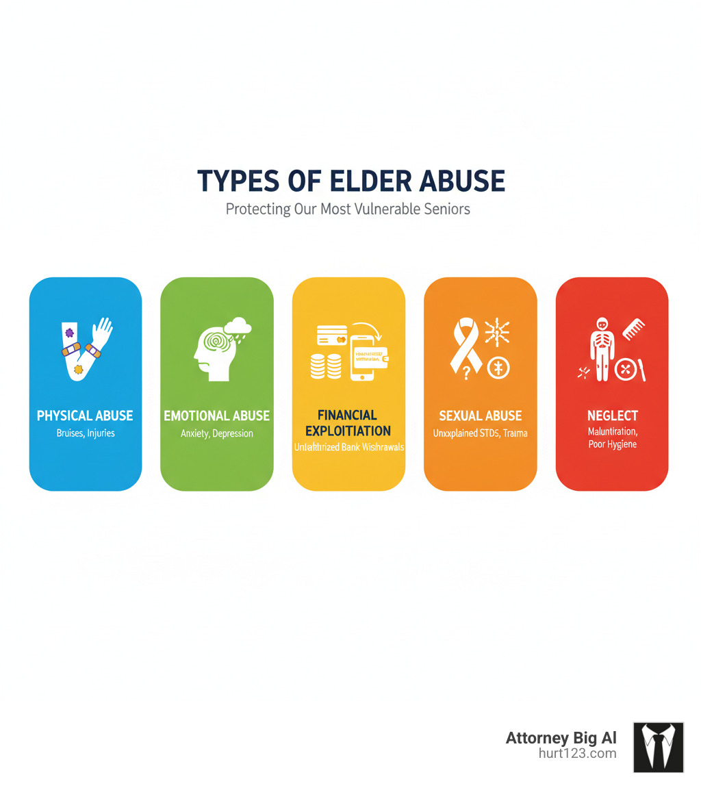 infographic showing the five main types of elder abuse: physical abuse showing bruises and injuries, emotional abuse showing anxiety and depression, financial exploitation showing unauthorized bank withdrawals, sexual abuse showing unexplained STDs or trauma, and neglect showing malnutrition and poor hygiene - best elder abuse lawyer infographic 