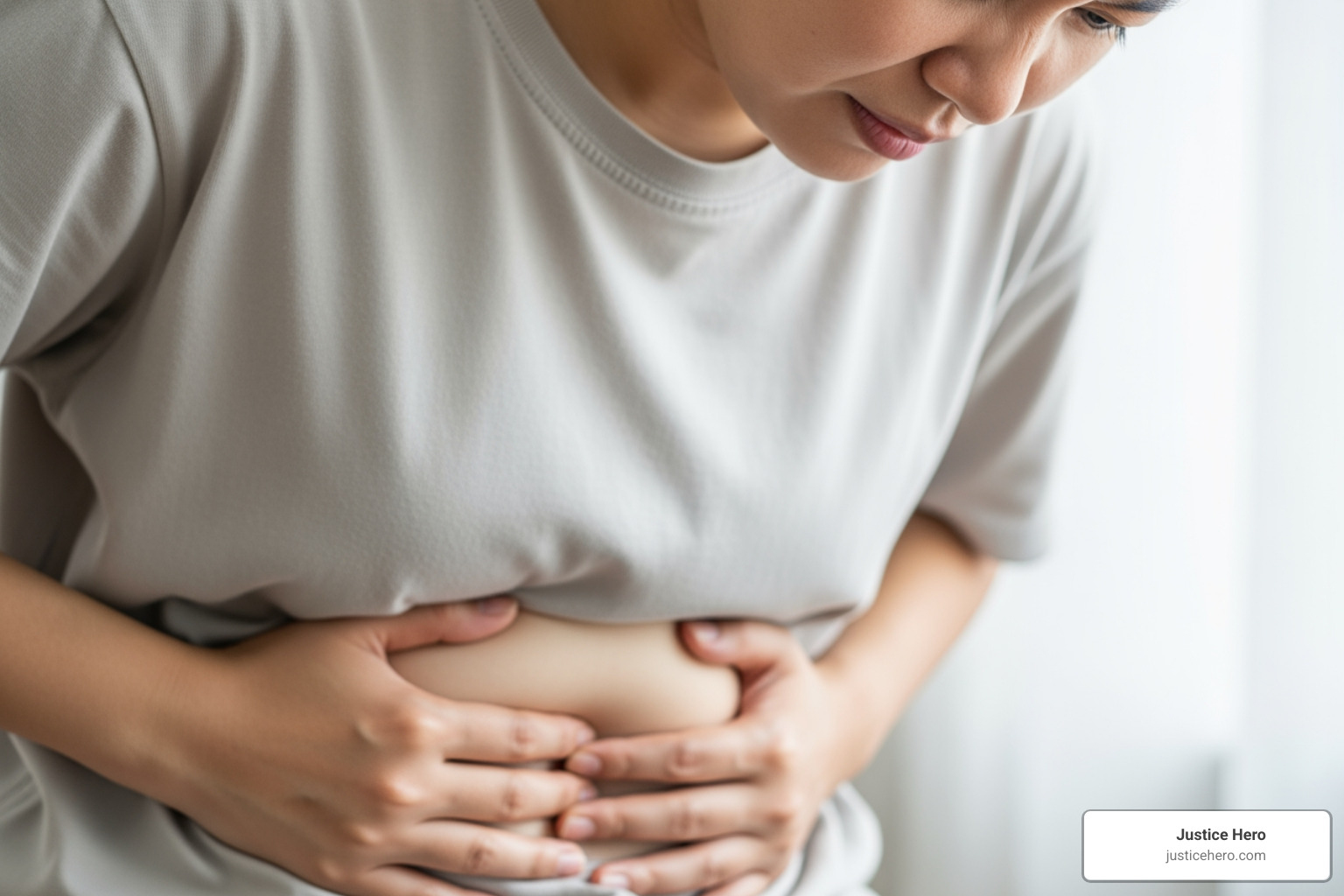 Image of a person holding their lower abdomen, indicating pain and discomfort, with a visible bulge - signs of hernia mesh failure
