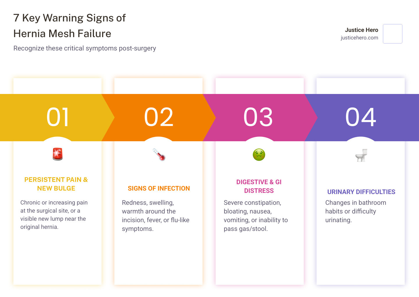 Infographic showing 7 key warning signs of hernia mesh failure: 1) Persistent pain at surgical site lasting beyond normal recovery, 2) New bulge or visible lump near original hernia location, 3) Signs of infection including redness, warmth, swelling, or fever, 4) Digestive symptoms like severe constipation or inability to pass gas, 5) Nausea and vomiting beyond typical post-surgery timeframe, 6) Urinary difficulties or changes in bathroom function, 7) Chronic fatigue or unexplained systemic symptoms - signs of hernia mesh failure infographic pillar-4-steps