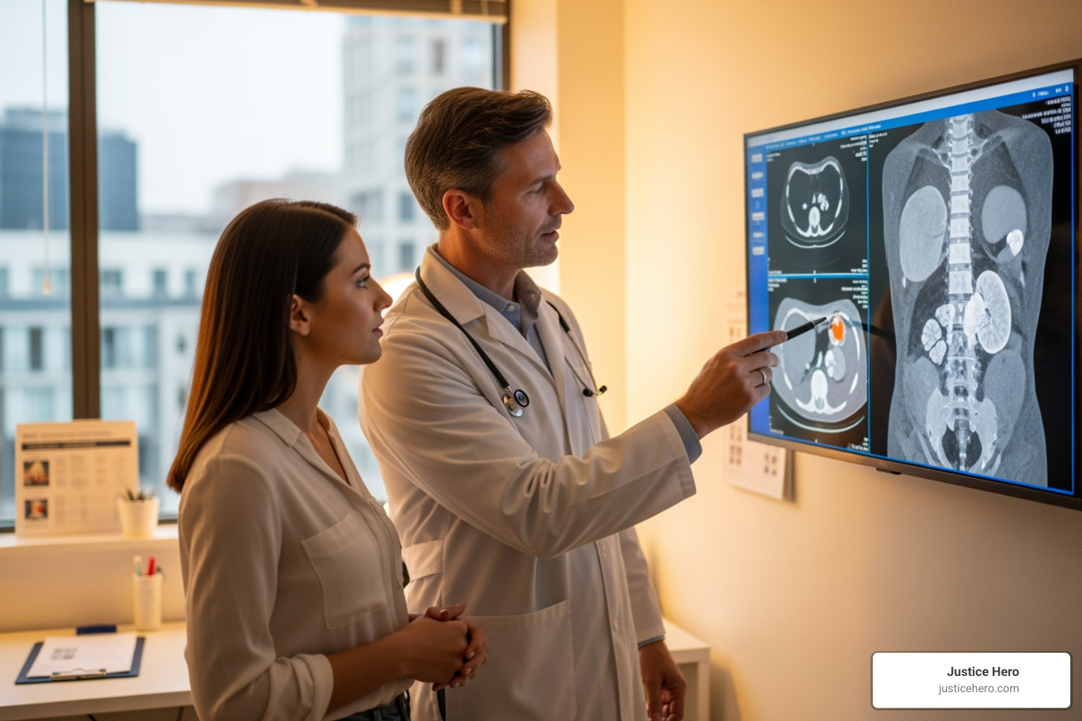 Image of a doctor and patient looking at a CT scan image on a screen - signs of hernia mesh failure