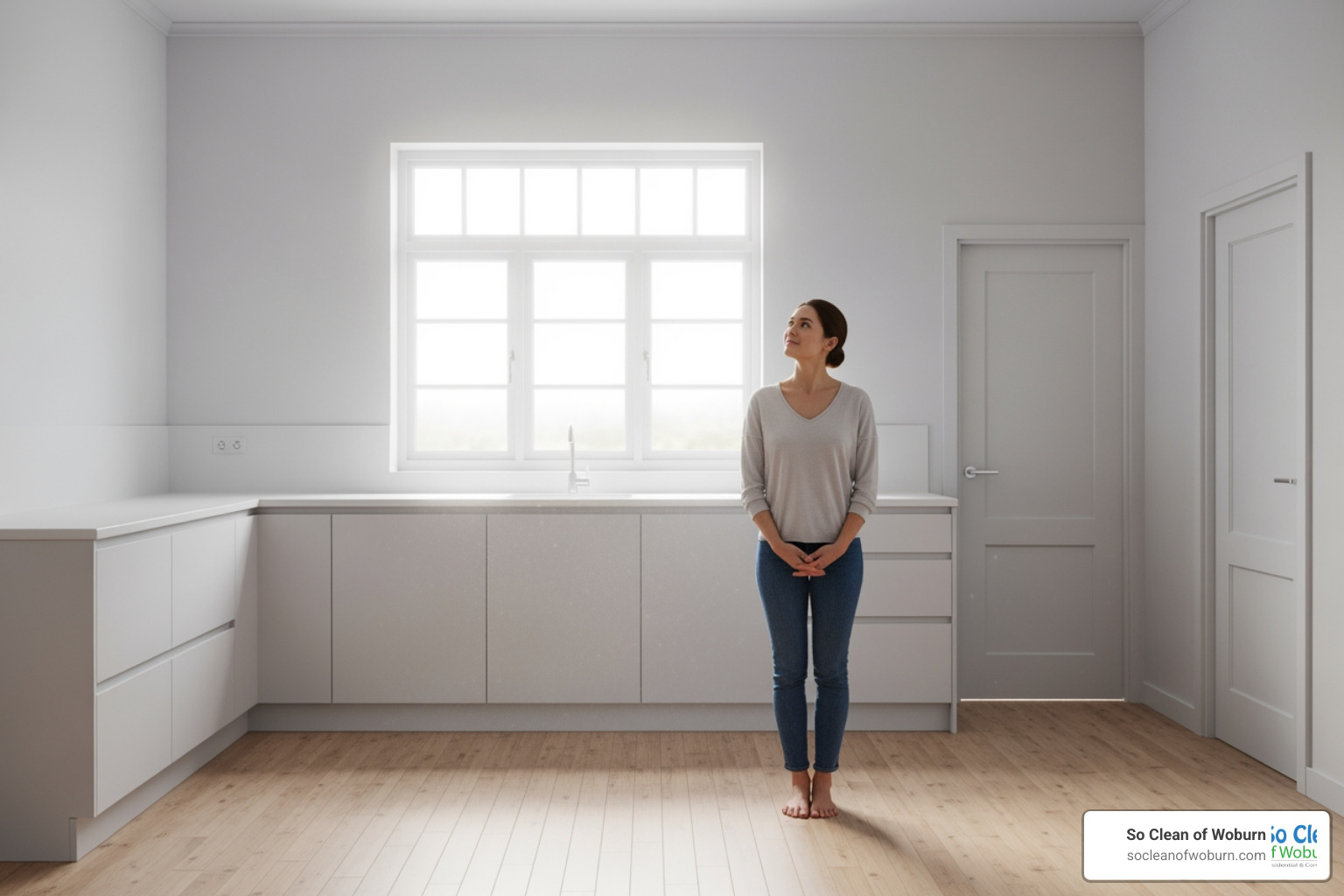 A person looking relieved in a clean, empty kitchen - Move in house cleaning