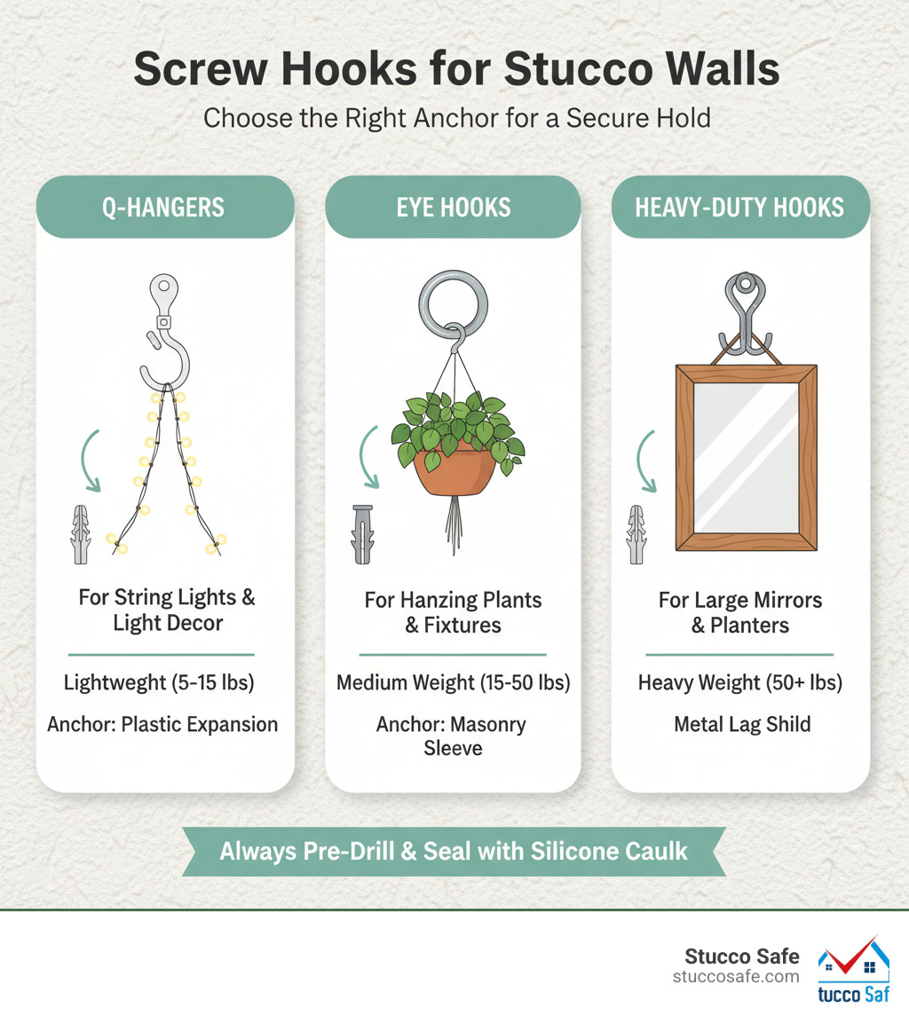 Infographic showing three main types of screw hooks for stucco: Q-Hangers with safety buckles for string lights and decorations (lightweight, 5-15 lbs), Eye Hooks with masonry anchors for hanging plants and fixtures (medium weight, 15-50 lbs), and Heavy-Duty Hooks with expansion anchors for large items like mirrors and wall planters (heavy weight, 50+ lbs). Each type shows the proper anchor system needed and typical applications. - screw hooks for stucco infographic Infographic showing three main types of screw hooks for stucco: Q-Hangers with safety buckles for string lights and decorations (lightweight, 5-15 lbs), Eye Hooks with masonry anchors for hanging plants and fixtures (medium weight, 15-50 lbs), and Heavy-Duty Hooks with expansion anchors for large items like mirrors and wall planters (heavy weight, 50+ lbs). Each type shows the proper anchor system needed and typical applications. - screw hooks for stucco infographic