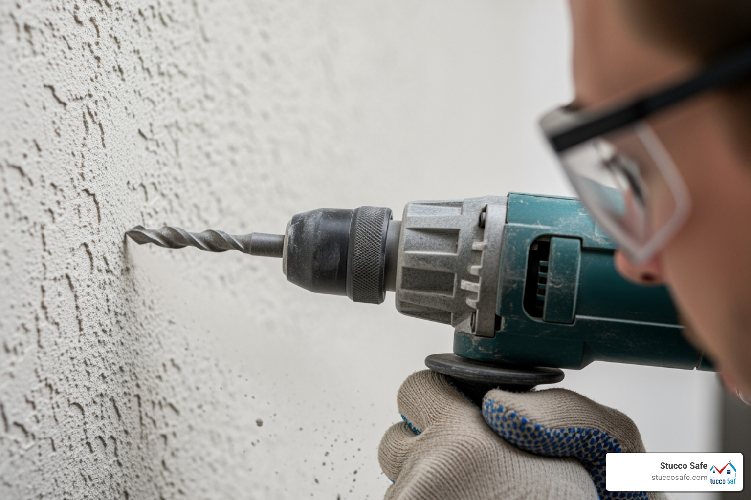 hand using a drill with a masonry bit on a stucco wall, with safety glasses on - screw hooks for stucco hand using a drill with a masonry bit on a stucco wall, with safety glasses on - screw hooks for stucco