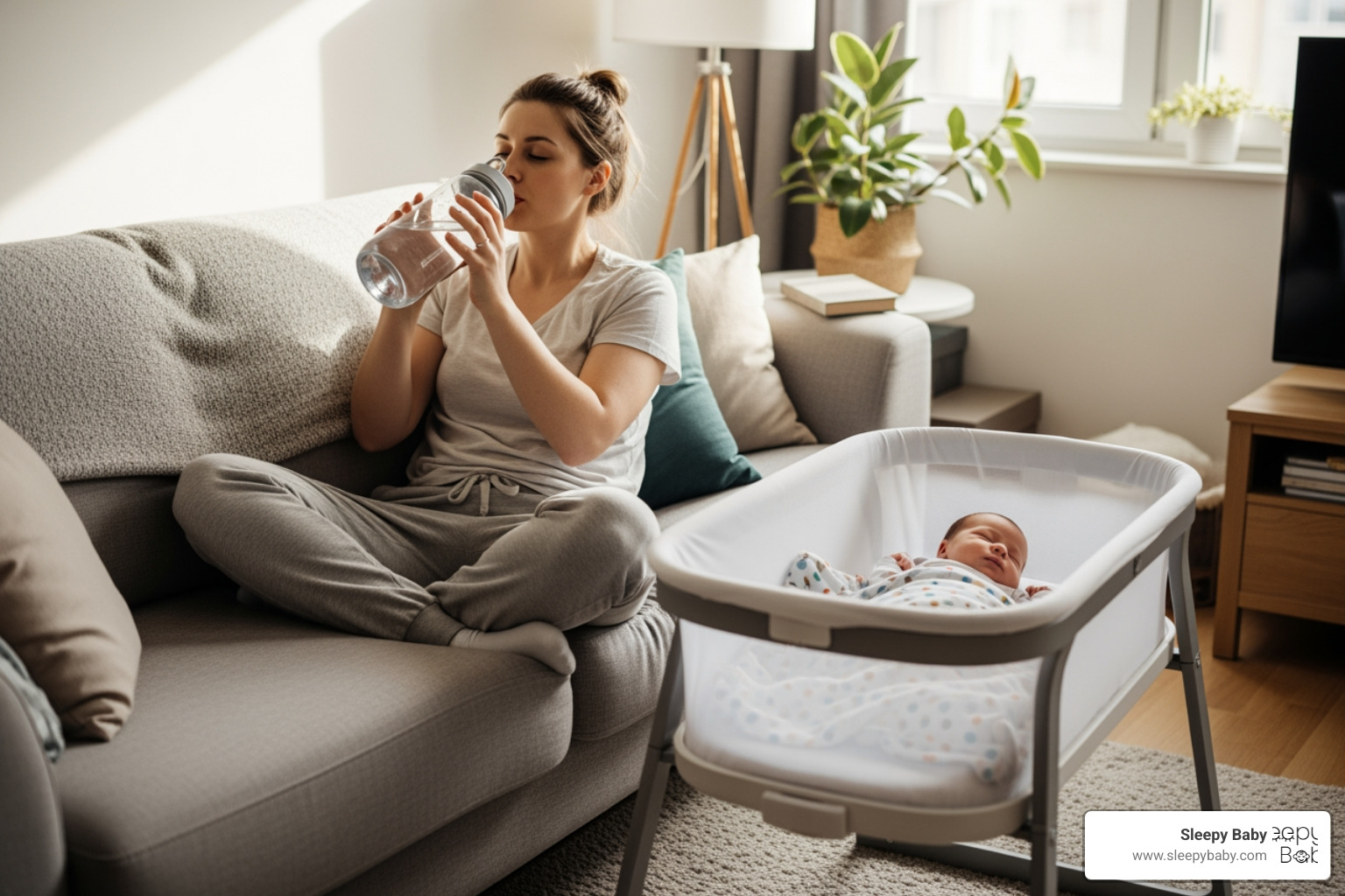 new mom comfortably lounging in sweatpants, drinking from a water bottle while her baby sleeps nearby - new mom necessities