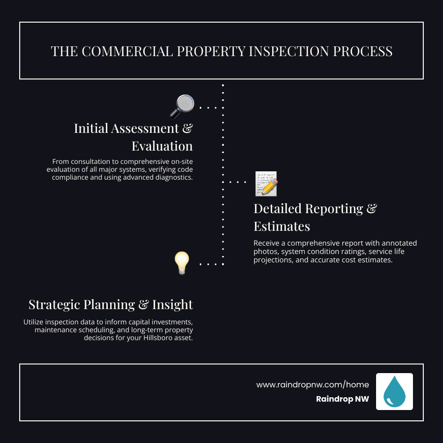 Infographic showing the commercial property inspection process: 1) Initial consultation and property assessment 2) Comprehensive on-site evaluation of roofing, structural, mechanical, electrical, and plumbing systems 3) Advanced diagnostics using moisture meters, infrared thermography, and digital imaging 4) Detailed report with annotated photos, system condition ratings, service life projections, and prioritized repair recommendations 5) Cost estimates for repairs or replacements 6) Strategic planning consultation for maintenance scheduling and capital budgeting - commercial estimates and inspections service in hillsboro or infographic infographic-line-3-steps-dark