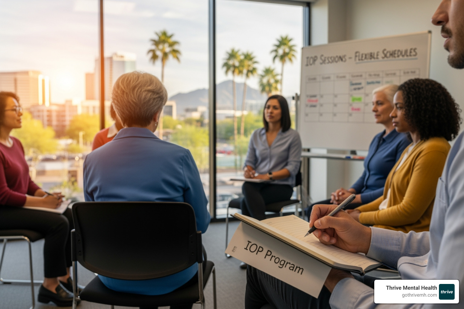 Illustration of IOP journey: assessment, group therapy, individual therapy, graduation - Where can I find an IOP program in Phoenix?