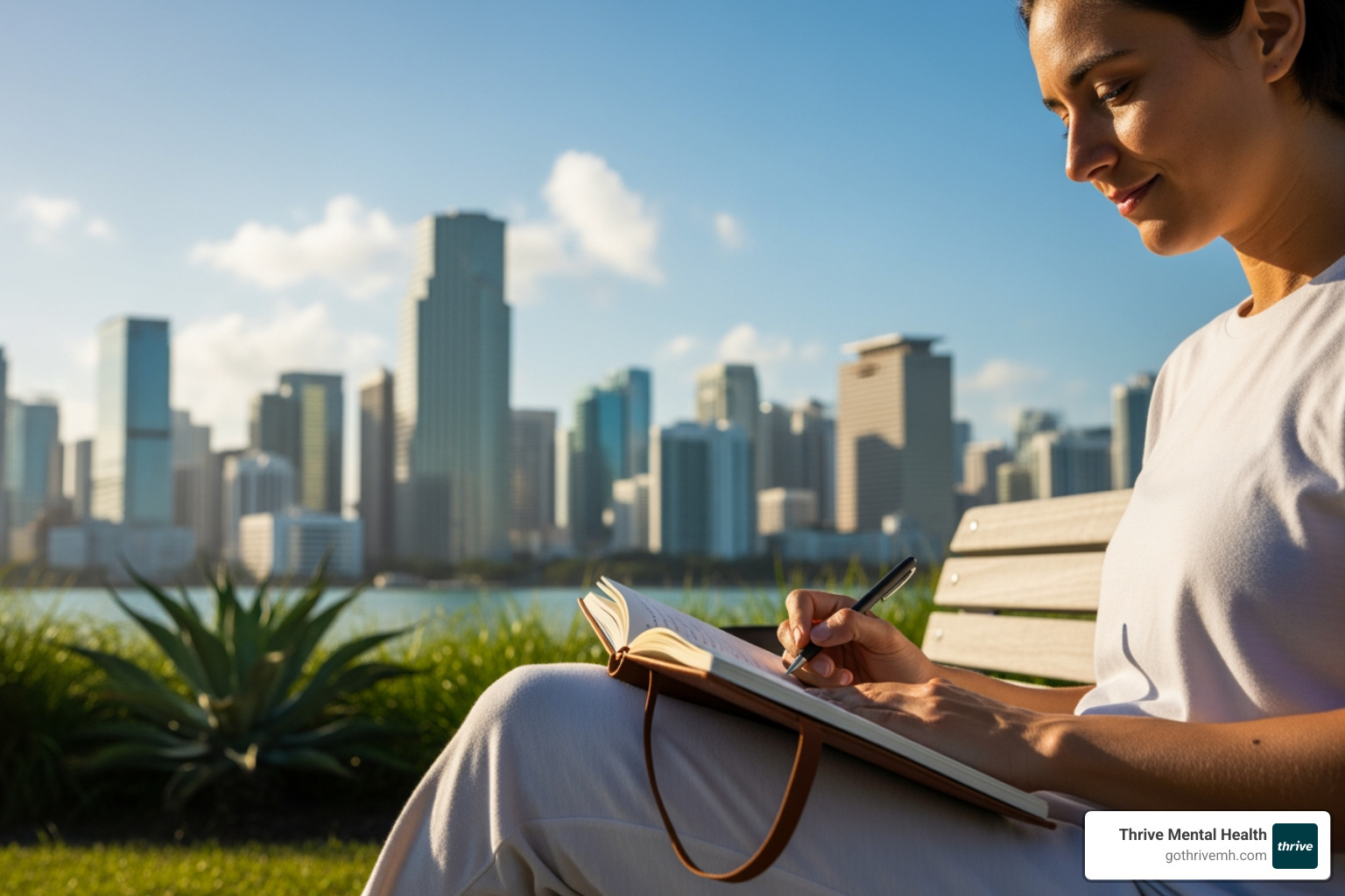 Person journaling outdoors with Miami skyline - Find adult outpatient mental health programs in Miami, Florida.