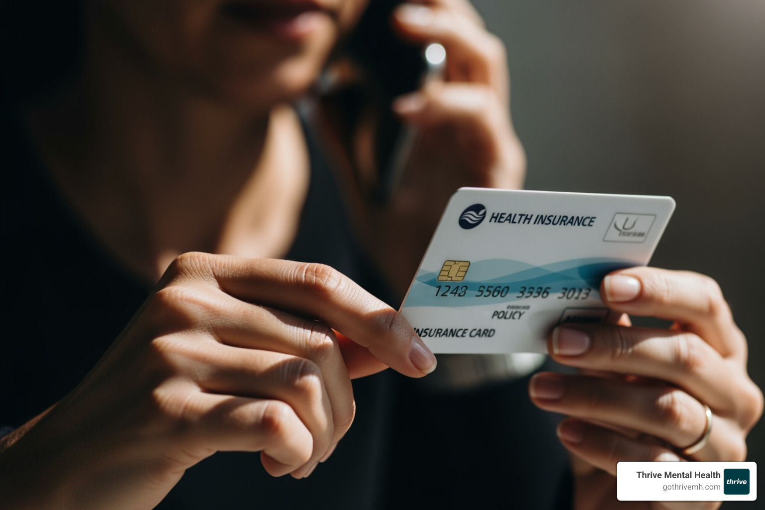A close-up shot of someone holding an insurance card while on the phone. - Find mental health centers in Florida that provide a step-down from inpatient care.