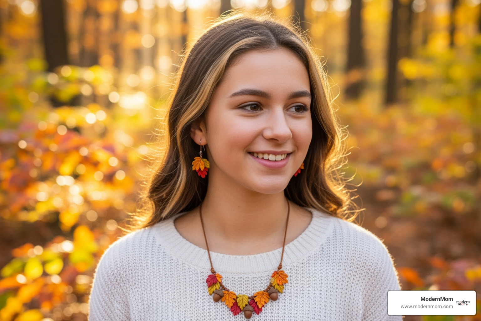 teenager wearing handmade fall jewelry - fall craft ideas for teens
