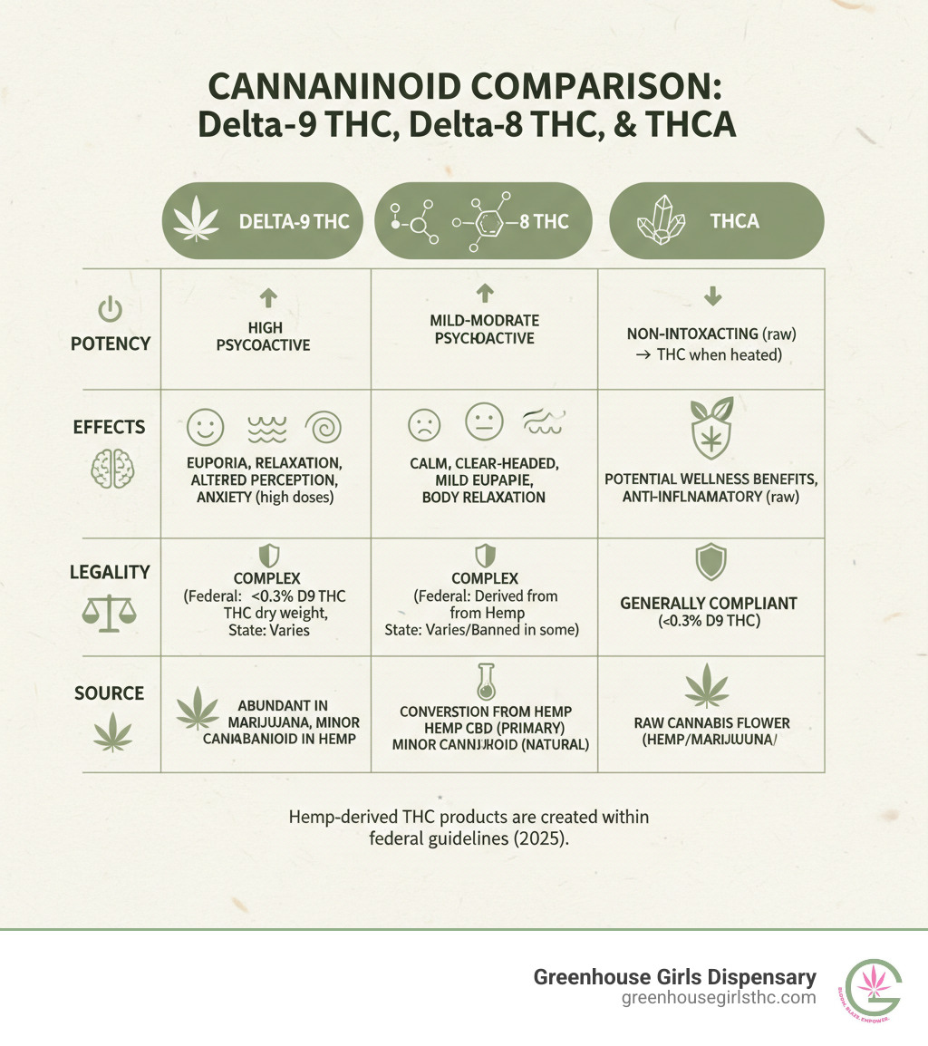 Table comparing Delta-9 THC, Delta-8 THC, and THCA on potency, effects, legality, and source - Hemp derived THC infographic 