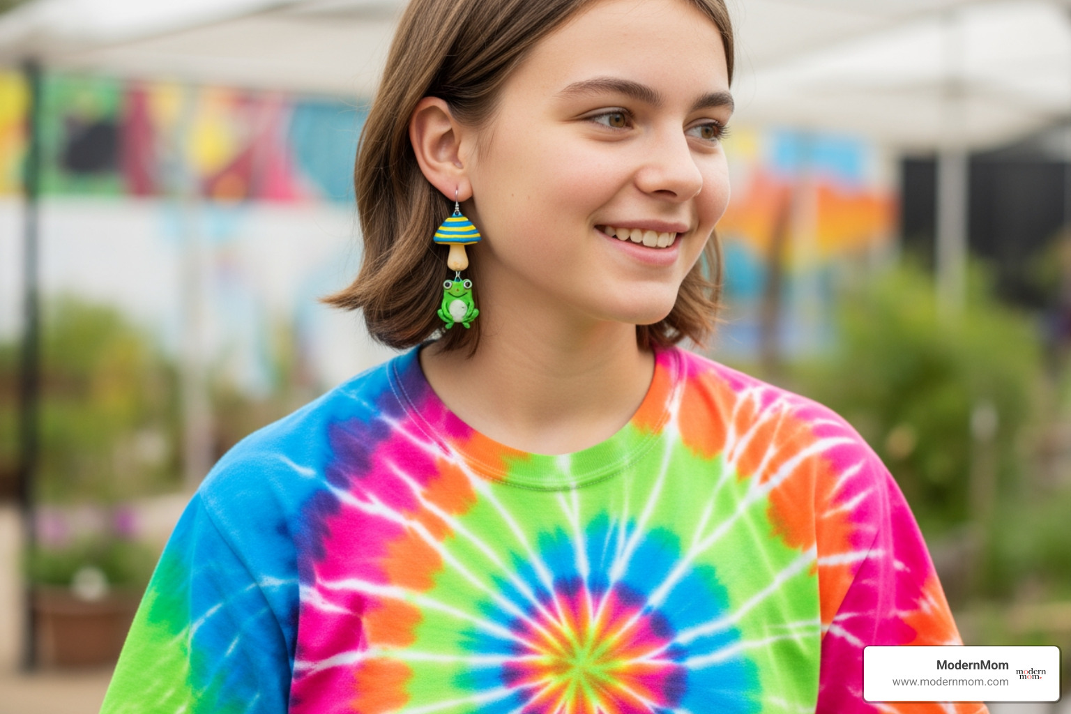 A teen wearing a custom tie-dye shirt and handmade polymer clay earrings, showcasing personalized style. - craft projects for teens